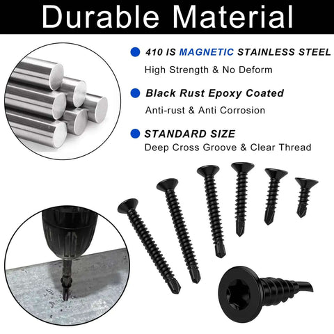 Heavy Duty Torx Drive Self-Tapping Screws for Metal With Flat Head 410 Stainless Steel Black Dacromet Coated TEK Screws displayed