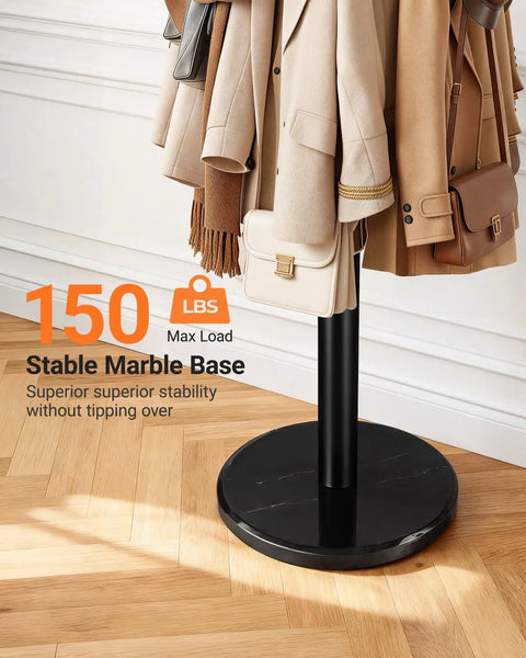 Heavy Duty Coat Rack With Marble Base And 16 Hooks Freestanding Coat Tree with coats and bags emphasizing stability