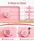 Kids Mini Safe Cash Box Pink Macaron With Coin And Bill Slot Keypad And Key Lock USB Backup with DIY Stickers and two opening methods. 