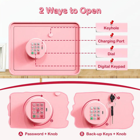 Kids Mini Safe Cash Box Pink Macaron With Coin And Bill Slot Keypad And Key Lock USB Backup with DIY Stickers and two opening methods. 
