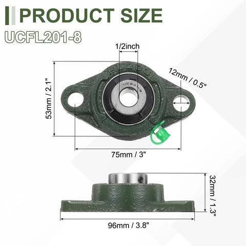 Half Inch Bore Self Aligning Pillow Block Bearing With Solid Cast Iron Base And Chrome Steel Flange Mount, Industrial Grade ABEC3 Precision, Includes Grease Nipple Cap And Wrench, Heavy Duty Mount dimensions shown