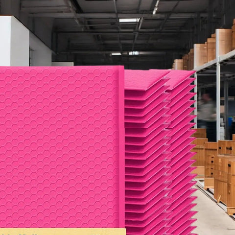 Stack of Hot Pink 8.5 X 12 Inch Bubble Mailers Dope Self Seal Padded Envelopes in a storage area