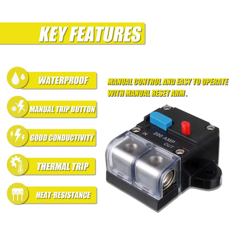 Road Ready 200 Amp Manual Reset Circuit Breaker for 12 To 48 Volt Dc Systems 0 To 8 Awg Wire Overload Protector features