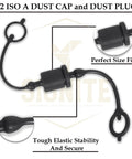Front view of two-piece black 1/2 ISO A hydraulic quick-disconnect dust cap and plug cover with tether