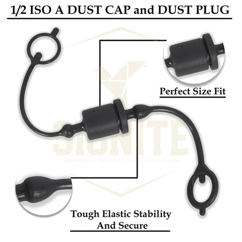 Front view of two-piece black 1/2 ISO A hydraulic quick-disconnect dust cap and plug cover with tether