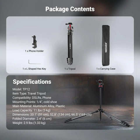Package contents of Travel Tripod For Camera And Phone, 66.5 Inch Tall Aluminum Stand With Ball Head, TP12 model displayed