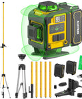 4x360 Degree Self Leveling Laser Level With Tripod And Pole, Green Line 360 Degree Laser, Boss-Level Precision Horizontal And Vertical Alignment, 2 Li-ion Batteries, Great For Picture Hanging, Tile, And Home Renovation kit with tripod and pole