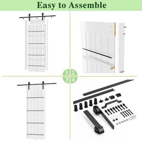 Sliding Barn Door With Shelf Style 48x84 Inches Primed MDF Includes 8ft Hardware Kit For Easy Mount Farmhouse Look You Can Paint DIY Ready Assembly Required shown in assembly steps and included hardware.