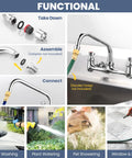 Built Tough Commercial Sink Faucet With Eight Inch Swivel Spout And Dual Brass Handles For Laundry Or Restaurant Setup Featuring No Sweat Install And Slick Chrome Finish, functional assembly guide.