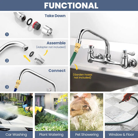 Built Tough Commercial Sink Faucet With Eight Inch Swivel Spout And Dual Brass Handles For Laundry Or Restaurant Setup Featuring No Sweat Install And Slick Chrome Finish, functional assembly guide.