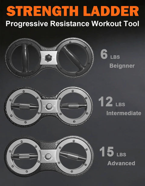 Strength ladder resistance trainer with three rotator wheels and 6/12/15 lb levels for hand and forearm workouts; Amazon