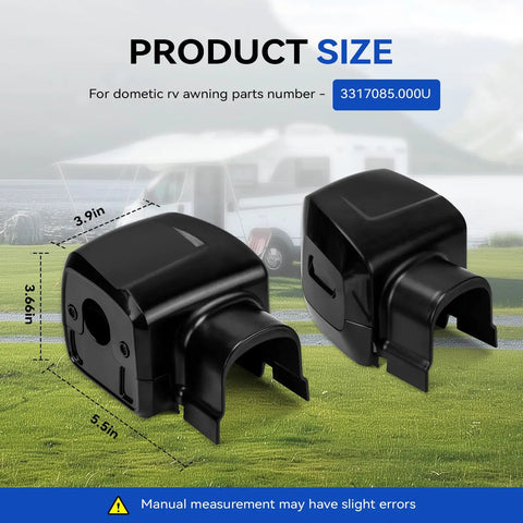 RV Awning Arm End Cap Cover Kit For 9200 Series Awnings Replacement ABS End Caps Black, showing dimensions, compatible with 3317085.000U