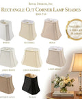 Different colors of Rectangle Cut Corner Lamp Shade 5x6.5 Top By 8x12 Bottom 10 Inch Slant Height shown on a table lamp