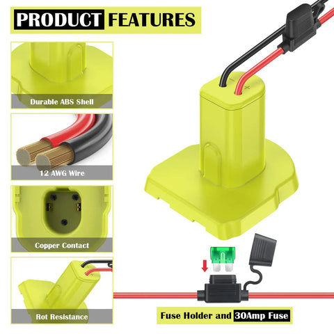 Two Pack Power Wheel Adapter For 18V Battery Conversion Kit with durable ABS shell, 12AWG wire, copper contact, fuse holder