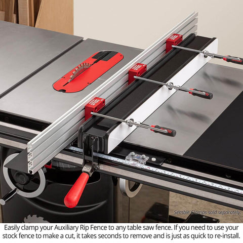 Auxiliary Rip Fence 48 Inch Table Saw Extension For Infeed Or Outfeed Material Support With Built In T Track Slots And Sliding Clamping Blocks Pro Grade USA Made ARF 48 installed on table saw with clamps