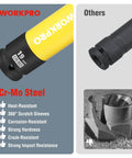 Comparison of WorkPro 19mm socket with Cr-Mo steel in Non-Marring 1/2-Inch Drive Lug Nut Socket Set and a damaged socket.