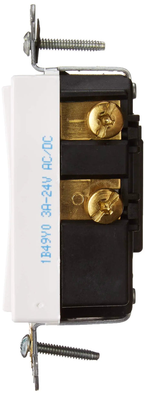 Side view of Super Reliable White Commercial Grade Momentary Rocker Switch Single Pole Double Throw Center Off Quiet Ac Decora Style
