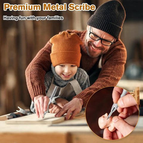 Heavy Duty Tungsten Carbide Scribe Kit With Magnetic Bottom And Extra Refills For Steel Glass Leather And Wood Drafting Tasks Zero Sharpening Headaches, family using scribe on wood.