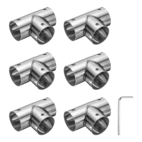 Six Piece 1 Inch Tee Pipe Connectors Set For DIY Shelves And Garden Supports, 3 Way Corner Fittings With Wrench, Stainless Steel