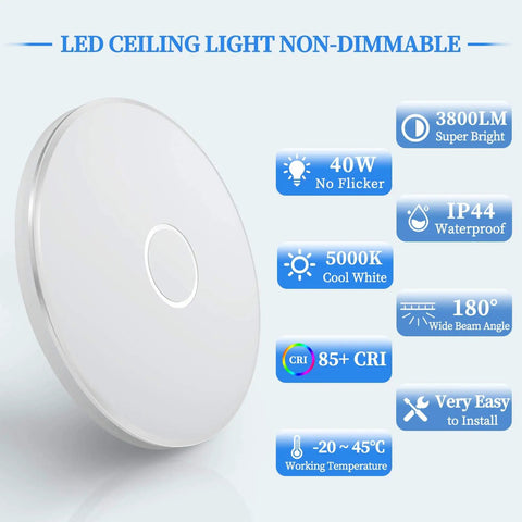 Lit 15 Inch LED Flush Mount Ceiling Light Fixture With 3800 Lumens And 5000K Daylight White round waterproof lamp features