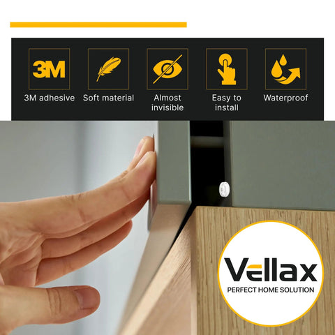 Finger pressing cabinet door with 128 Self Adhesive Cabinet Door Bumpers for Quiet Closures No Slams, clear silicone pads.