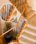 Staircase with 24 Pack Iron Baluster Shoes for One Half Inch Square Railings, satin black finish, flat stair shoes with screws.