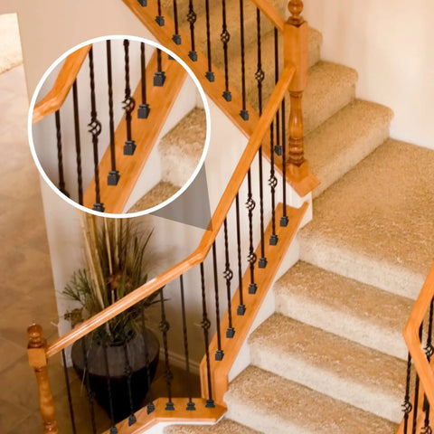 Staircase with 24 Pack Iron Baluster Shoes for One Half Inch Square Railings, satin black finish, flat stair shoes with screws.