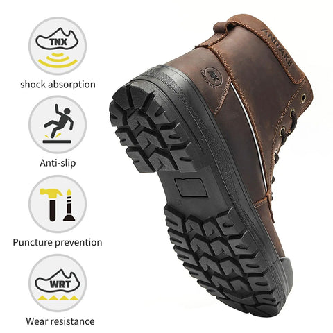 Rugged 6 Inch Steel Toe Work Boots for Men with Oiled Crazy Horse Leather, shown with anti-slip and puncture prevention features