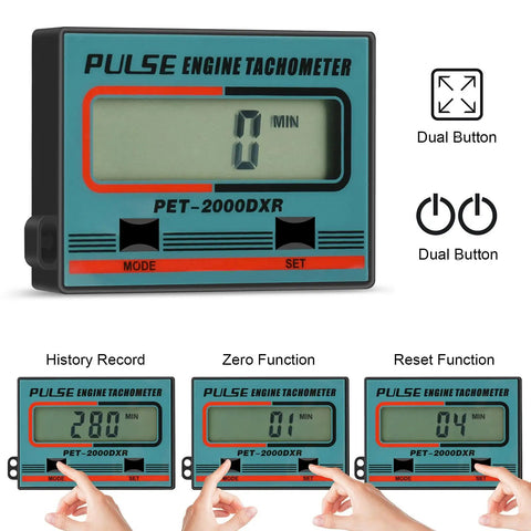 Digital Pro Grade Small Engine Tachometer With Clip For Chainsaws And Motors RPM Gauge, showing display and button functions