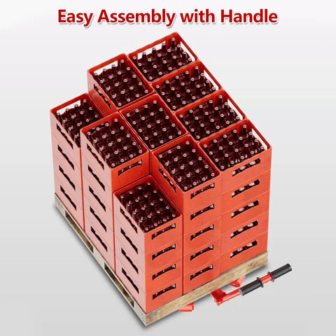 Heavy Duty Machinery Mover Skates Featuring 360 Degree Swivel Design That Lets You Roll Out Heavy Industrial Gear And Large Appliances Without Breaking A Sweat While Keeping Cargo Locked In On Any Concrete Floor, with a stack of red crates.