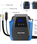 12V Car Tire Inflator Portable Air Compressor With Digital Pressure Gauge And Emergency LED Light showing dimensions and components