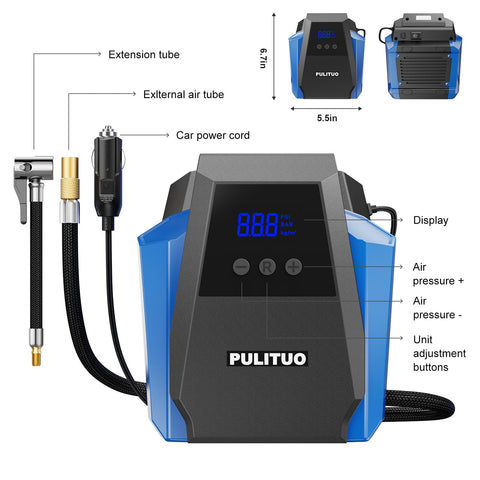 12V Car Tire Inflator Portable Air Compressor With Digital Pressure Gauge And Emergency LED Light showing dimensions and components