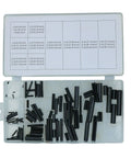 Roll Pin Assortment Kit 120 Pieces, 15 Sizes From 1.6mm To 9.5mm, Black Plated For Rust Resistance, Includes Blow Molded Tray, Professional Grade Pins For Quick Fixes, Repairs, And Heavy Duty Projects. open case with black CR-V roll pins in labeled compartments
