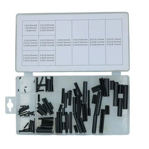 Roll Pin Assortment Kit 120 Pieces, 15 Sizes From 1.6mm To 9.5mm, Black Plated For Rust Resistance, Includes Blow Molded Tray, Professional Grade Pins For Quick Fixes, Repairs, And Heavy Duty Projects. open case with black CR-V roll pins in labeled compartments