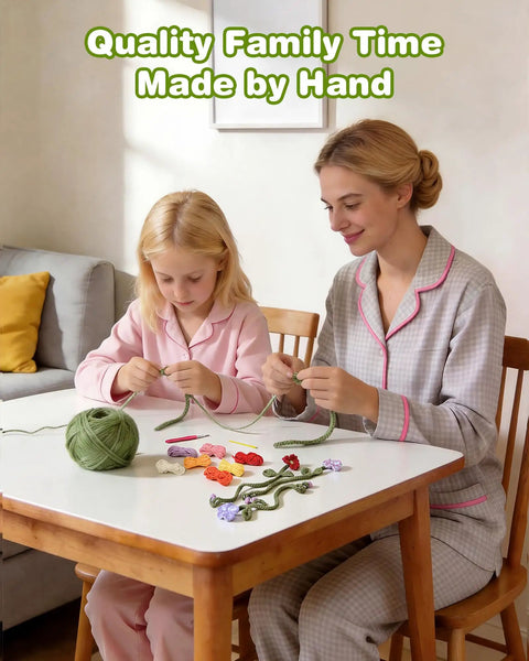 Mother and daughter crocheting Beginner Crochet Kit With 8 Flower Bookmarks Soft Yarn Bundles And Ergonomic Crochet Hook