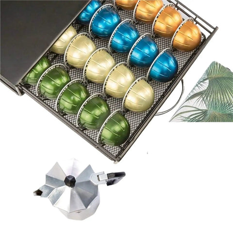 Large Capacity Coffee Pod Storage Drawer With A Slick Glide Rail, Heavy Duty Capsule Organizer Rack filled with colorful pods.