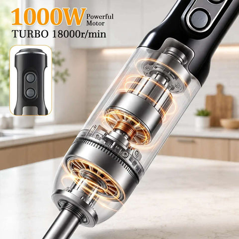 Heavy Duty Stainless Steel Immersion Blender With Turbo Control And Versatile Attachments close-up of 1000W motor and internal mechanism.