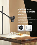 Overhead Desk Mount For Cameras And More Flexible Arm Stand With 360 Degree Ball Head shown with DSLR on wood desk.