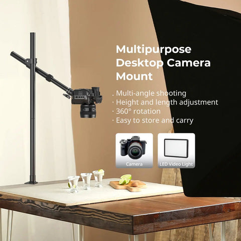 Overhead Desk Mount For Cameras And More Flexible Arm Stand With 360 Degree Ball Head shown with DSLR on wood desk.