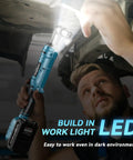 Man using Heavy Duty Cordless Ratchet Wrench Kit With 133 Ft-Lbs Torque, 21V Power, 2250 RPM under a car with LED light