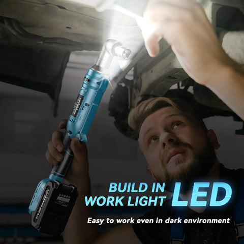 Man using Heavy Duty Cordless Ratchet Wrench Kit With 133 Ft-Lbs Torque, 21V Power, 2250 RPM under a car with LED light