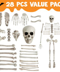 28 Piece Skeleton And Skull Halloween Decor Kit For Indoor Outdoor Spooktacular Graveyard Haunt Yard Party Props With Realistic Bones Hands And Backbone.