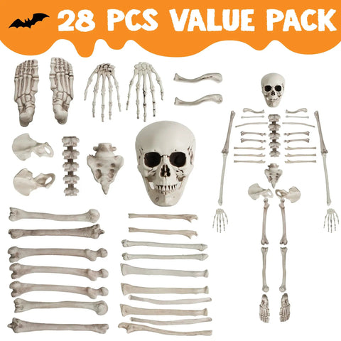 28 Piece Skeleton And Skull Halloween Decor Kit For Indoor Outdoor Spooktacular Graveyard Haunt Yard Party Props With Realistic Bones Hands And Backbone.