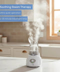 Drug Free Steam Inhaler for Sinus Congestion and Allergies with quick 3 to 5 minute setup on kitchen counter emitting steam