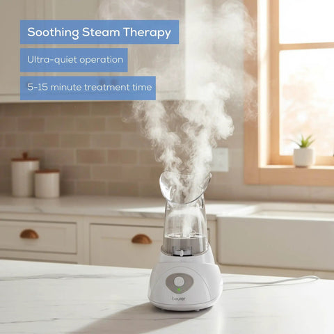 Drug Free Steam Inhaler for Sinus Congestion and Allergies with quick 3 to 5 minute setup on kitchen counter emitting steam