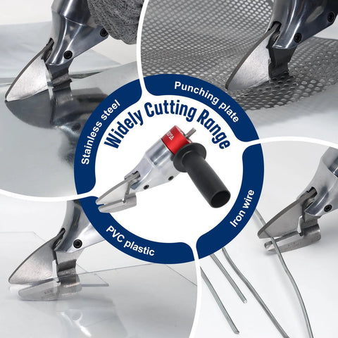 VlOXO sheet metal drill attachment with 360° pivoting handle; stainless steel blades for curved and straight cuts