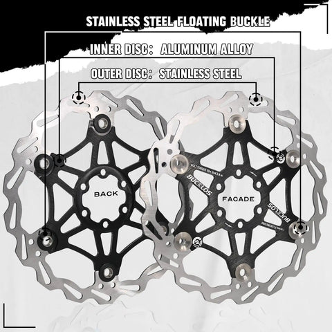 Ultra Light Floating Disc Brake Rotor For Mountain Bikes With Six Bolts 160Mm 180Mm And 203Mm Sizes 2.0 mm Thick Made Of Stainless Steel And 7075 T6 Aluminum Alloy Fits MTB Road And BMX Black Red Ride Ready showing front and back view