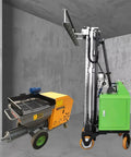 Full Auto Plastering Machine Cement Render Rig Wall Polisher For Construction Sites And Home Reno Boss Level Finish Smooth Operator Drywall Workhorse Tool, showcasing equipment with yellow hopper and green control unit.