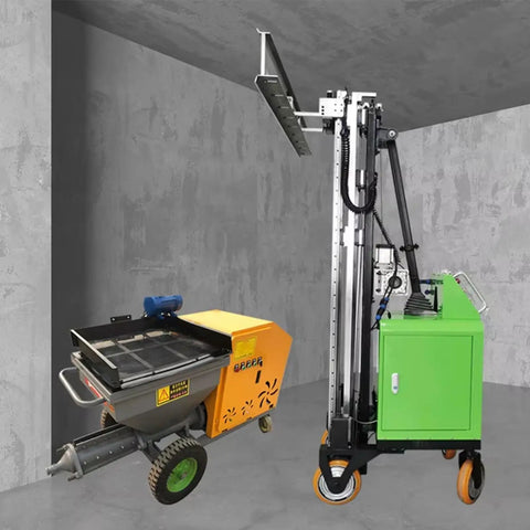 Full Auto Plastering Machine Cement Render Rig Wall Polisher For Construction Sites And Home Reno Boss Level Finish Smooth Operator Drywall Workhorse Tool, showcasing equipment with yellow hopper and green control unit.
