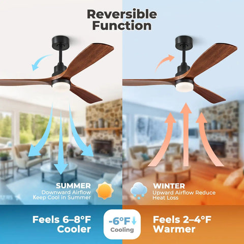 60 Inch Smart Ceiling Fan With Lights For Outdoor Patio And Covered Porch, showing reversible function with real wood blades
